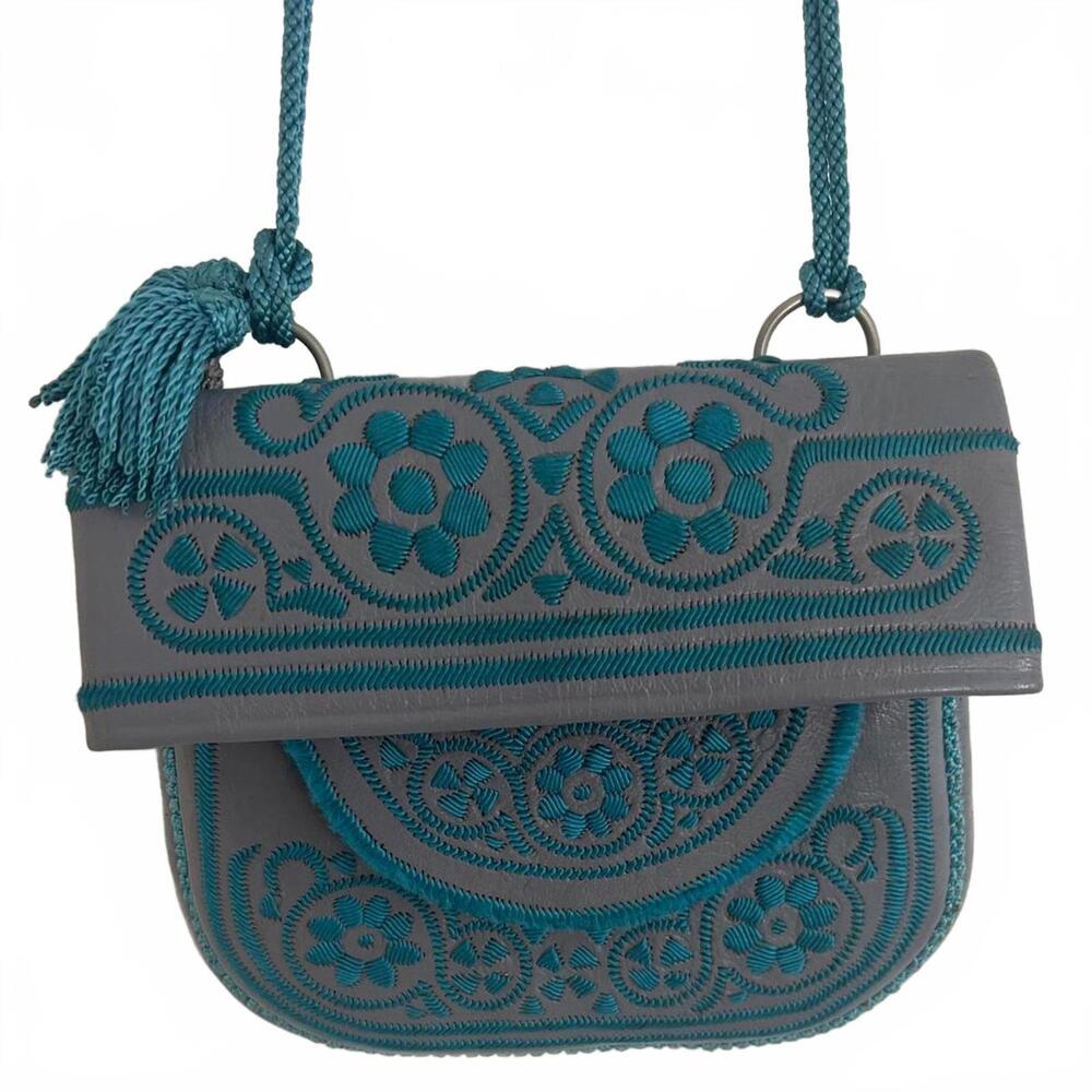 Vintage Moroccan Leather Embroidered Berber Bag Blue/Grey